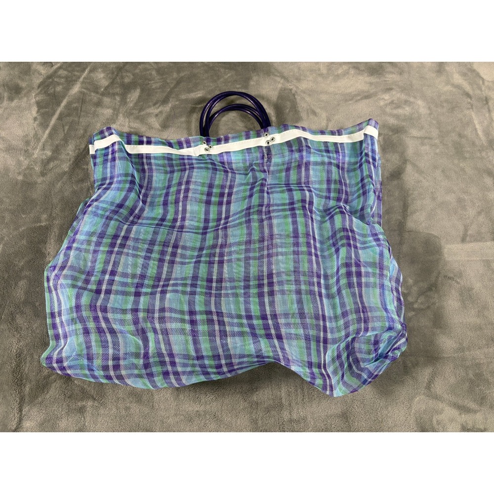 Unbranded Women Plaid Mesh Market Tote Bag Purple Green Snap Closure